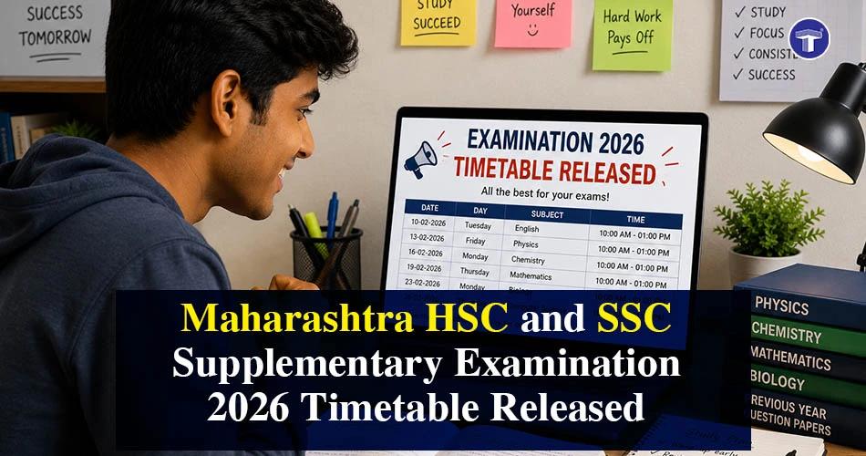 Student looking at laptop displaying Maharashtra HSC and SSC Supplementary Examination 2026 timetable release announcement