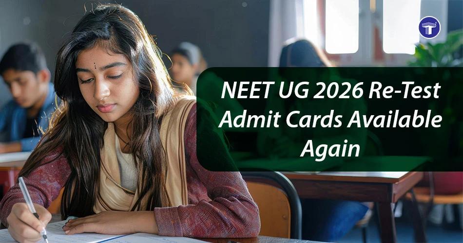 Student writing an exam with text announcing NEET UG 2026 Re-Test admit cards available again