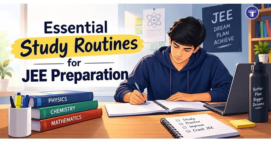 Essential study routines for JEE preparation, featuring a student studying with Physics, Chemistry and Mathematics books