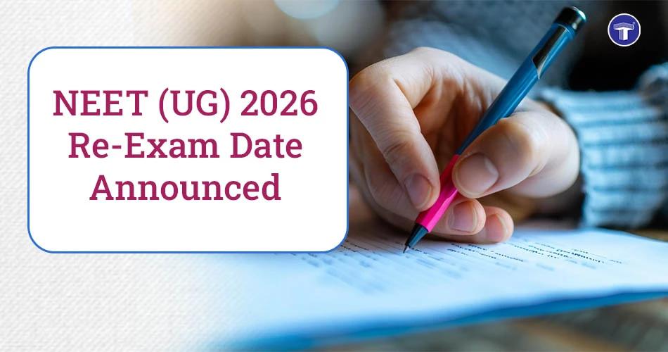 Banner showing NEET UG 2026 re-exam date announcement with a student writing on paper during an examination