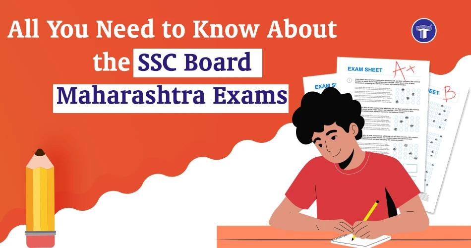 Illustration of a student preparing for SSC Board Maharashtra Exams with exam sheets and pencil on an orange background