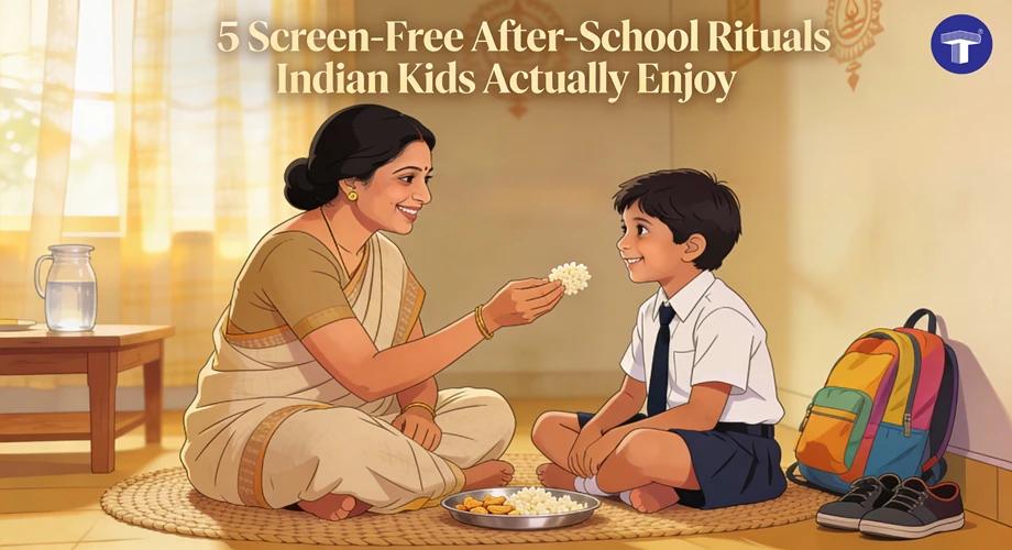 An Indian parent and child sitting together after school at home, sharing a snack and talking calmly in a screen-free environment, representing screen-free after-school rituals for Indian kids