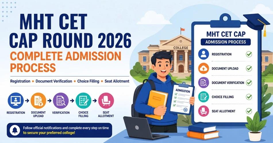 Vector illustration of MHT CET CAP Round 2026 counselling process with registration, document verification and seat allotment icons.