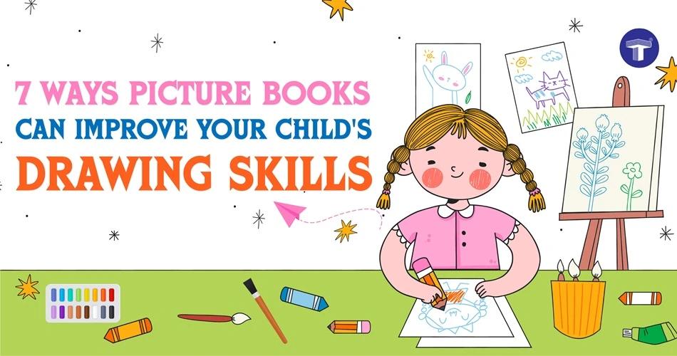 Illustration of a child drawing with art supplies, promoting how picture books improve kids' drawing skills