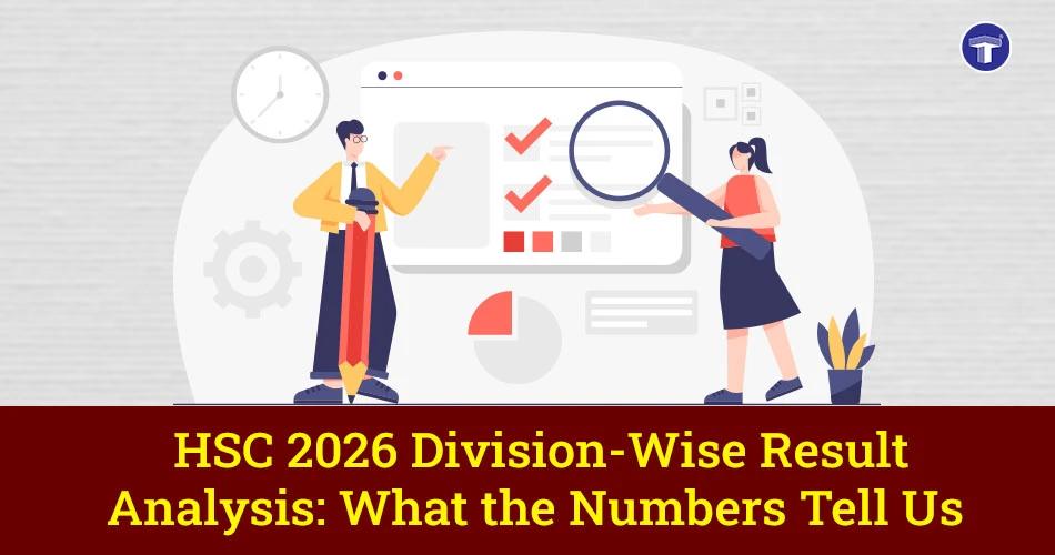 Illustration of students analysing HSC 2026 division-wise results with charts, checklist, and data visuals