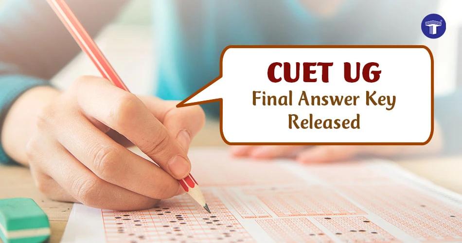Close-up of a student filling an OMR sheet with a pencil, with a text bubble that says "CUET UG Final Answer Key Released" – indicating the announcement of the CUET UG 2025 Final Answer Key