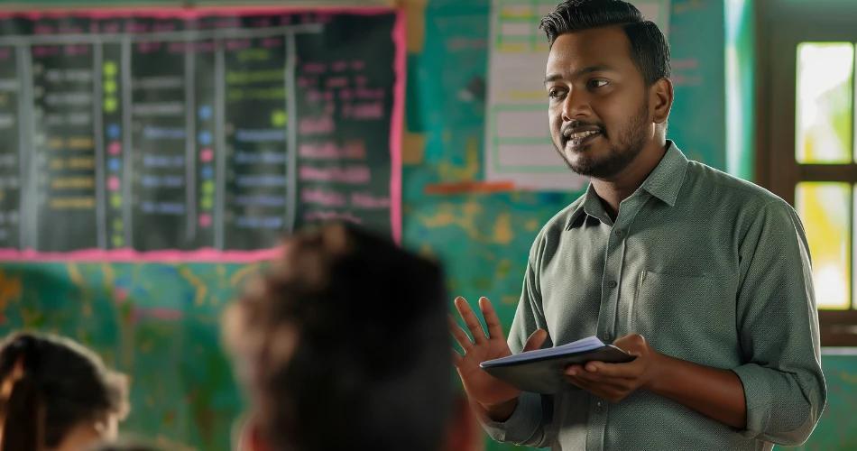 Teacher in Maharashtra classroom explaining NCERT-aligned syllabus under NEP 2020 implementation