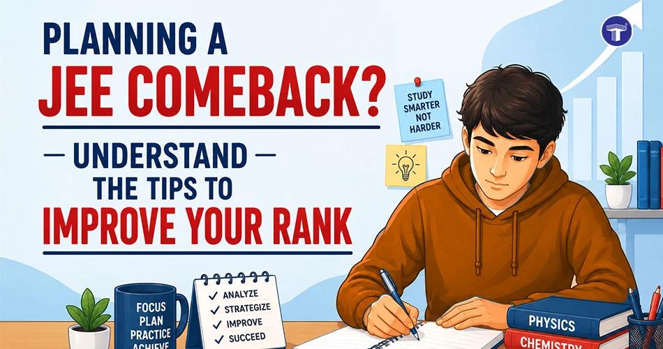 Tips for planning a JEE comeback and improving rank, featuring a student studying with a focus plan and study materials