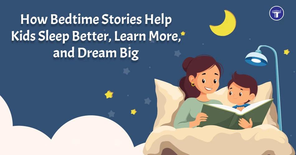 Mother reading a bedtime story to child in bed under moonlight, illustrating better sleep and learning benefits