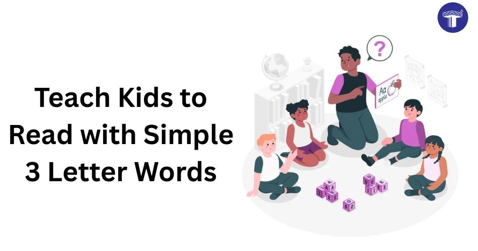 Teacher helping kids learn to read using simple 3-letter words with educational blocks and flashcards – early literacy activity for children