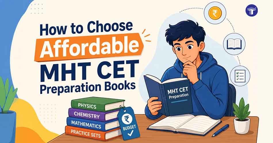Student choosing affordable MHT CET preparation books including PYQ books, MCQs, and mock tests for 2027 exam
