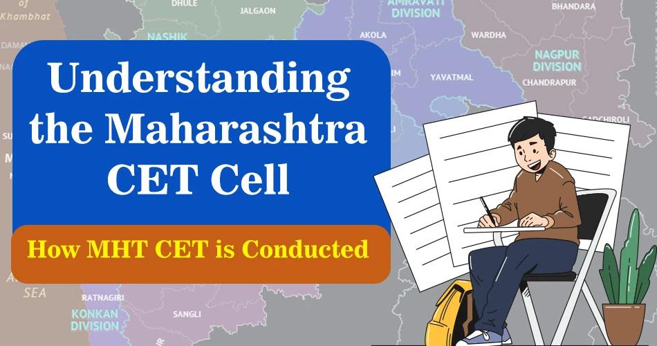 Illustration of a student writing exams with a map of Maharashtra in the background and the text about CET Cell and MHT CET.