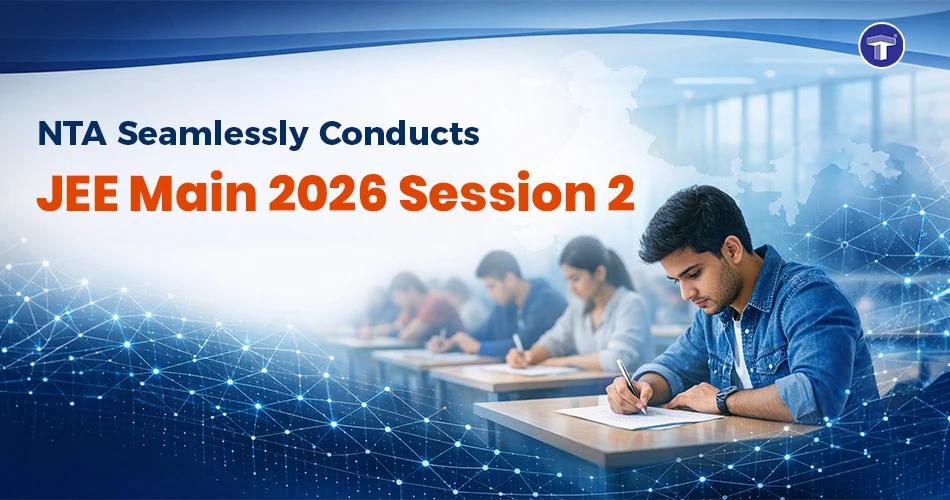 Students taking JEE Main 2026 Session 2 exam in a modern hall with NTA banner and digital network background