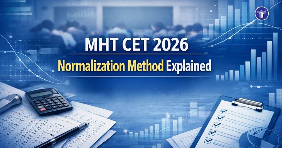 MHT CET 2026 normalization method explained banner with exam sheets, calculator, checklist, and data graph visuals