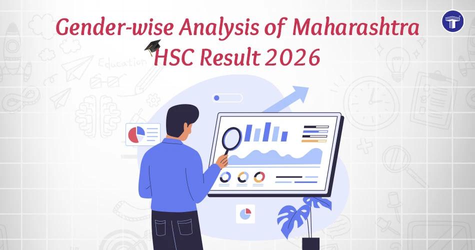 Illustration showing gender-wise analysis of Maharashtra HSC Result 2026 with student analysing charts on a computer screen.