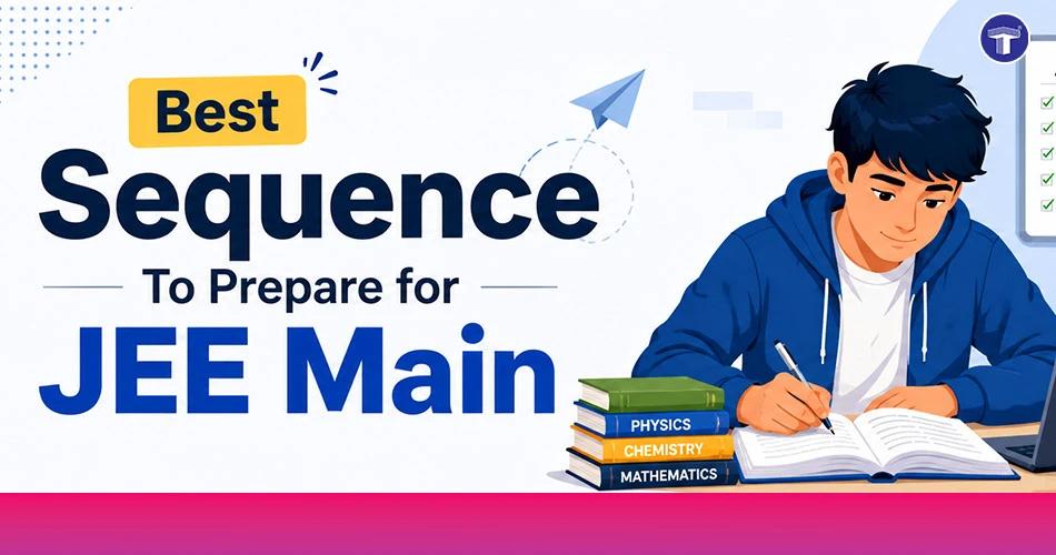 Banner highlighting the best sequence to prepare for JEE Main, featuring a student studying with Physics, Chemistry and Maths books