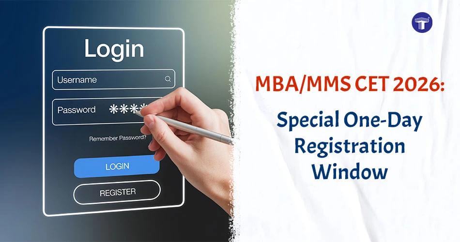 MBA/MMS CET 2026 special one-day registration window announcement with login interface illustration